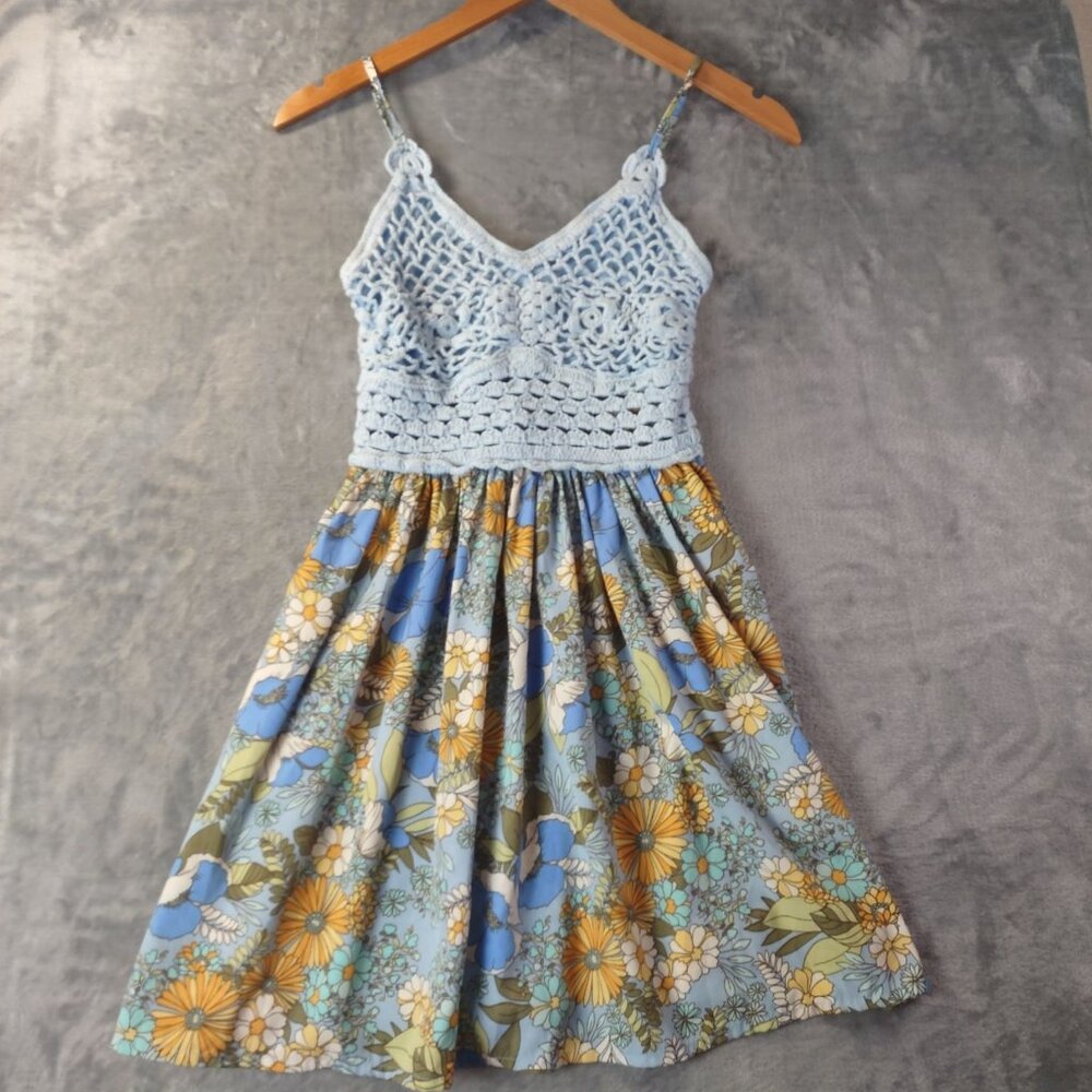 BO·G Collective Women’s XS Crochet Top Dress Blue Floral Boho Cottagecore Y2K‎